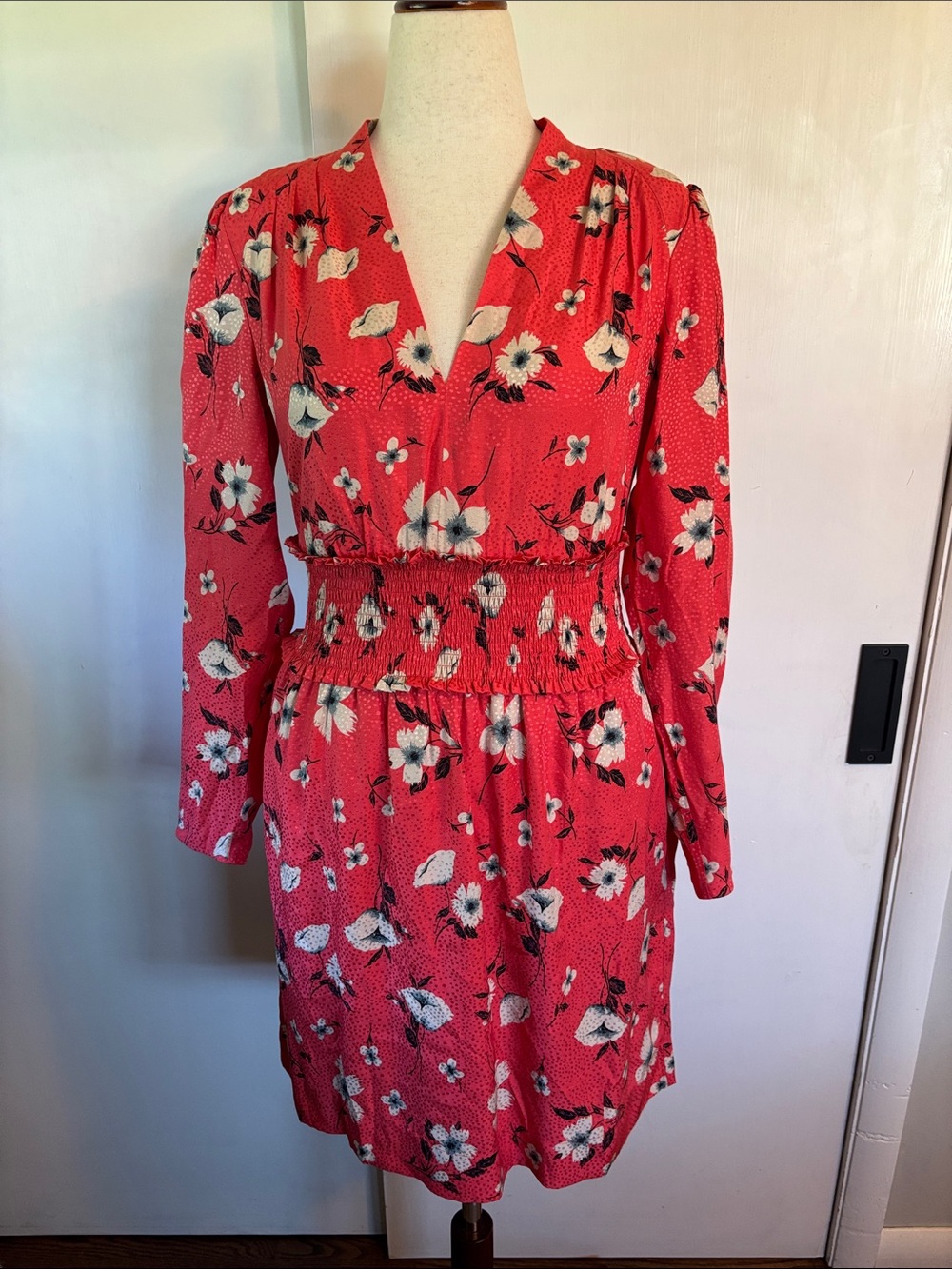 Rebecca Taylor Red Floral V-Neck Long Sleeve Silk Smocked Waist Dress
